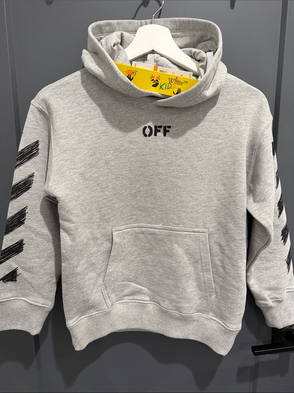 NWT Off-White Kids Gray Hoodie with Black Sleeve Stripes Size S (8)